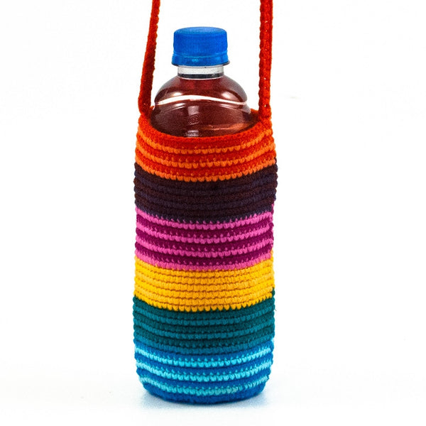 Crochet Bottle Bag in Rainbow Stripe  Handmade in Guatemala by Mayan Hands