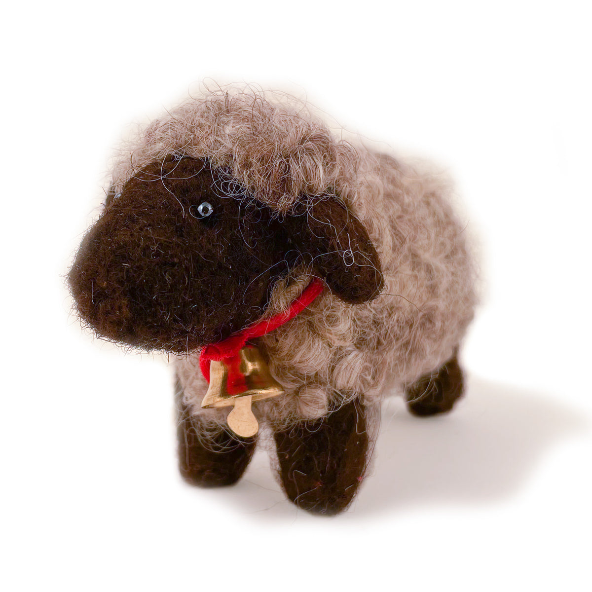 Felted wool sheep with gray wool body and brown wool face and feet, with bell detail