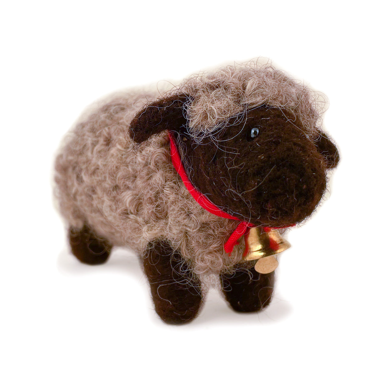 Felted wool sheep with gray wool body and brown wool face and feet, with red ribbon and bell detail