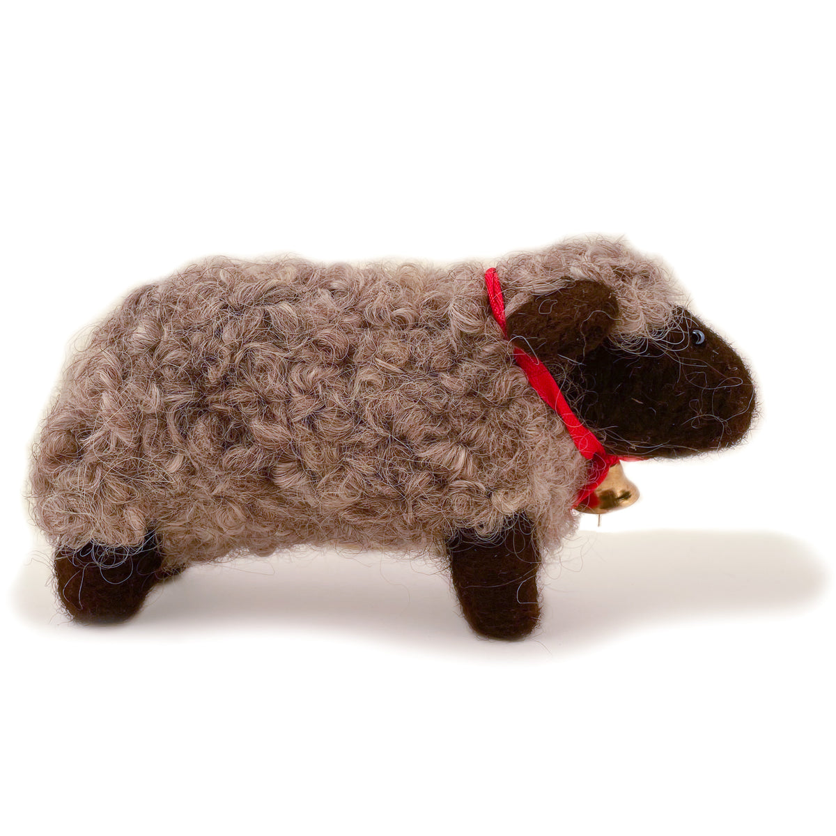 Side view of felted wool sheep with gray wool body and brown wool face and feet, with red ribbon and bell detail