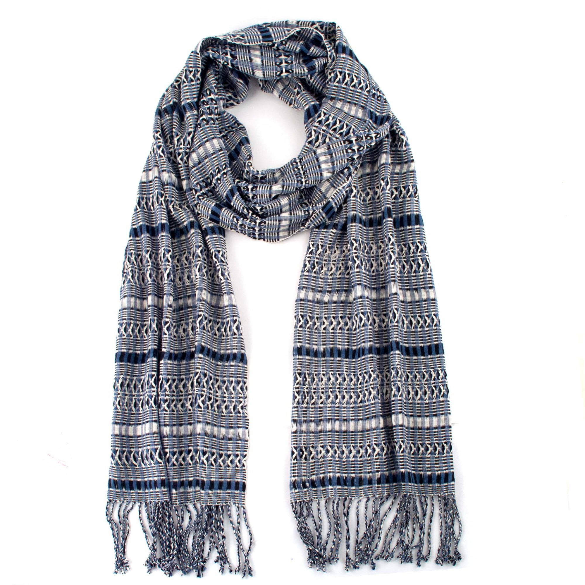 Linda Scarf in Black & Blue & Gray, woven from rayon threads in blue, black, and gray tones, with twisted fringe. The scarf is laid flat, wrapped with a circle on white background.