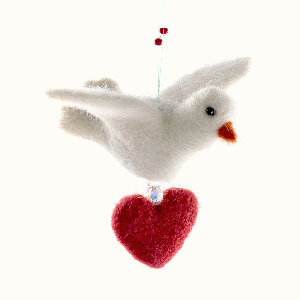 Set of 6 Handmade Felt Heart Ornaments with Doves, 'Love Doves